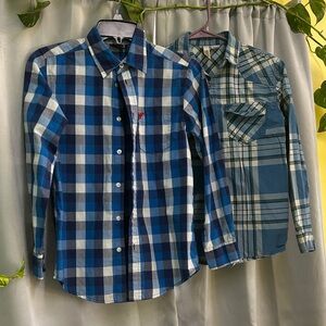2 Blue Checkered Kids Shirts Large Boys